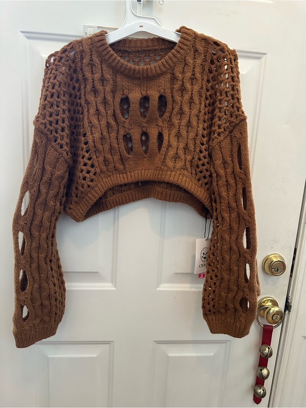Cider Chunky Openwork Cropped Crew Sweater - Brown